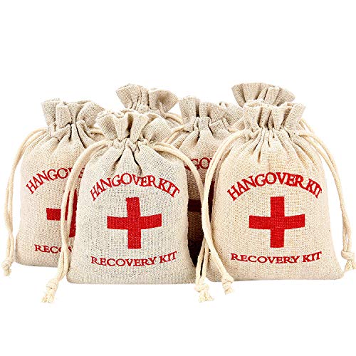 Maxdot 60 Pieces Red Cross Cotton Muslin Bags Drawstring Survival Kit Bag Bachelorette Hangover Kit Bags for Wedding and Party, 6 by 3.9 inches