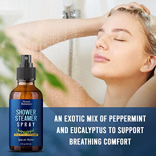 EUCALYPTUS & PEPPERMINT SHOWER STEAMER SPRAY 2 FL OZ – AROMATHERAPY MIST FOR SPA WITH PURE, NATURAL ESSENTIAL OILS – REFRESHING AROMA FOR CLEAR BREATHING & MOOD ENHANCEMENT – NEXON BOTANICS