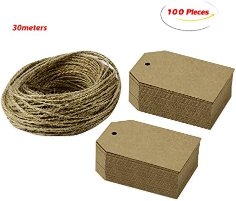 Quwei Kraft Paper with String Wedding Hang Tags Vintage Tags with 100 Feet Natural Jute Twine Christmas Gift Tags(100Pcs)