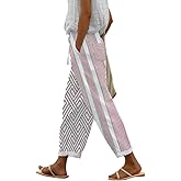 TIAFORD Womens Floral Prirted Linen Pants Summer Beach Relaxed Fit Straight Leg Crop Trousers with Pockets
