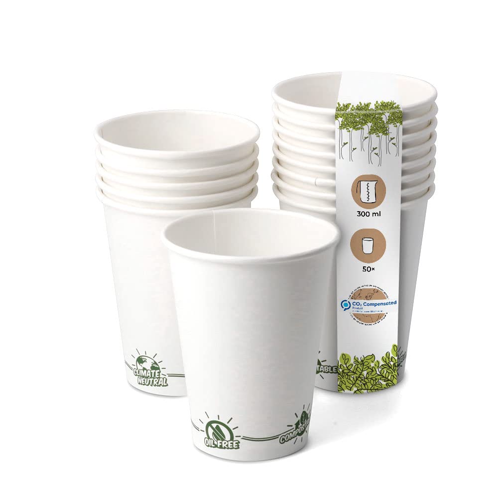 GREENBOX Recyclable Paper Cups Coffee White with EcoUp© Icon and PLA Coating I 50 Coffee to Go Disposable Cups Biodegradable 300 ml 12 oz I Coffee Cups Drinking Cups Disposable Cups