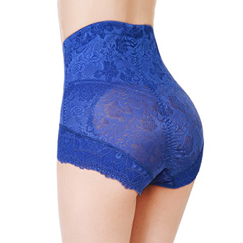Shymay Women's Tummy Control Panties Lace Trim Sheer High Waist Brief Shapewear, Blue1, Tag size XL=US size Small - Thumbnail 2