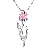HKPATOP Tulip Necklace 925 Sterling Silver Pink Opal Flower Pendant - Romantic Jewelry Gifts For Women Mom Wife Birthday Mother's Day