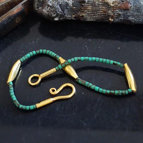 925 Sillver Ancient Art Unique Turquoise Bracelet W/Beads Omer 24k Gold Plated