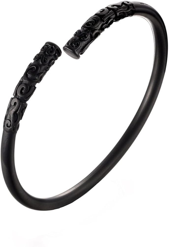 HIJONES Men's Stainless Steel Ancient Buddhist Open Cuff Bangle Bracelet Manly Black, 7 5 inch