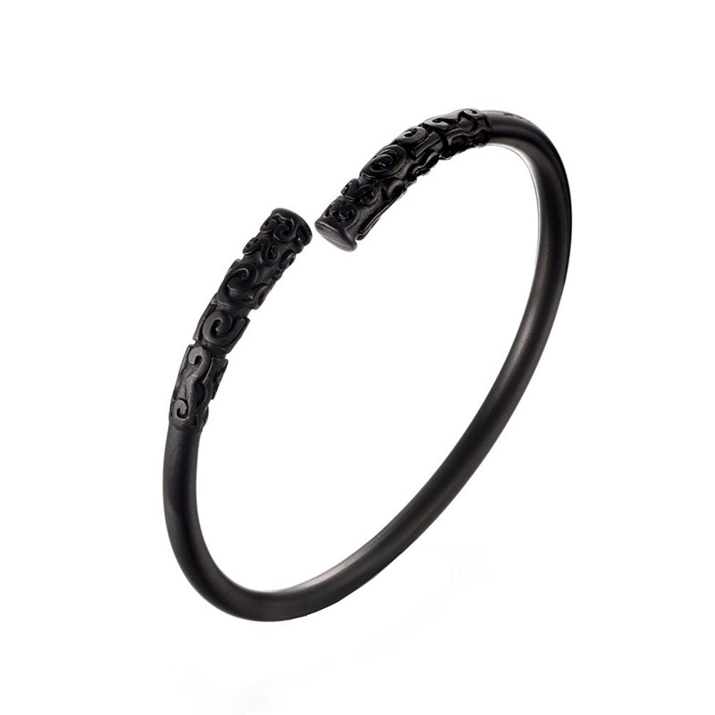 HIJONES Men's Stainless Steel Ancient Buddhist Open Cuff Bangle Bracelet Manly Black