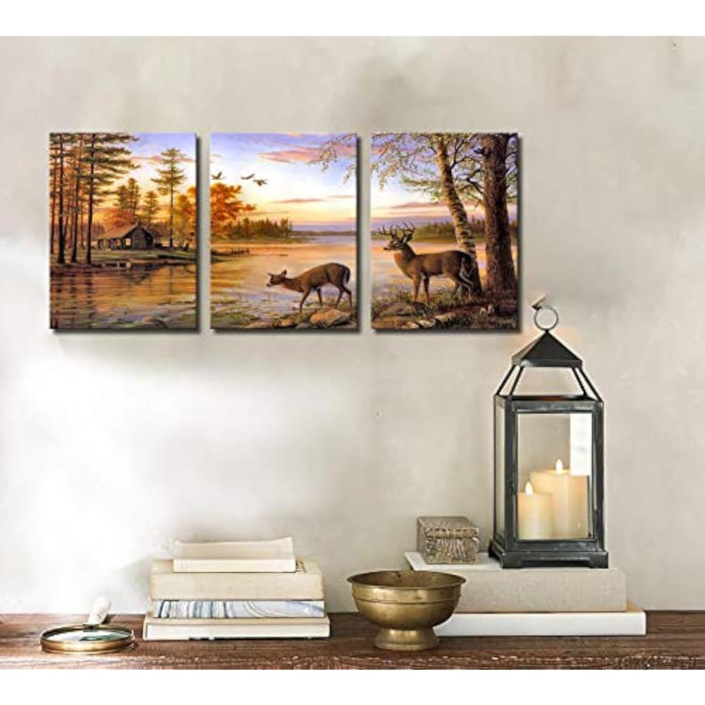 Dusk Rustic Deer Cabin Wall Art Decor Wildlife Landscape Canvas Print