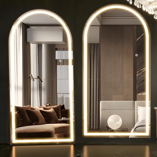 Gewölbter Spiegel in voller Länge mit Beleuchtung, 180x80cm Beleuchteter Bodenspiegel, LED-Spiegel Wandmontiert Dimmbar & 3-Farben-Beleuchtung für Schlafzimmer, Weiß