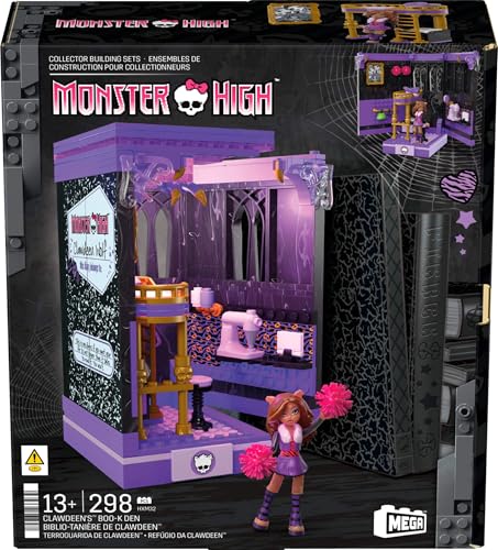 MEGA Monster High Clawdeen Terrolair Building Blocks Set That Opens Like A Book with Action Figure, Nook Book, 299 Pieces, Toy Gift for Boys and Girls +13 Years, HXM32