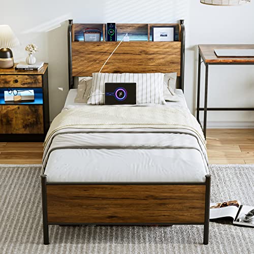 IKIFLY LED Bed Frame Twin XL with Storage Shelf Headboard & Charging
