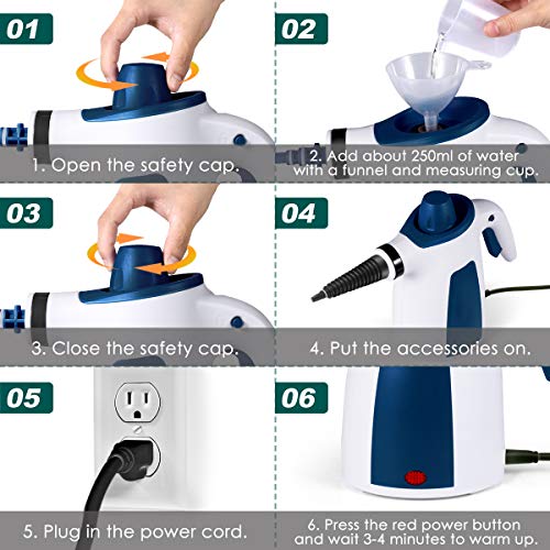 MOSCHE Handheld Pressurized Steam Cleaner with 9-Piece Accessory Set, - Multi-Purpose Multi-Surface All Natural, Chemical-Free Steam Cleaning Home, Auto, Patio, More(Deep Blue)
