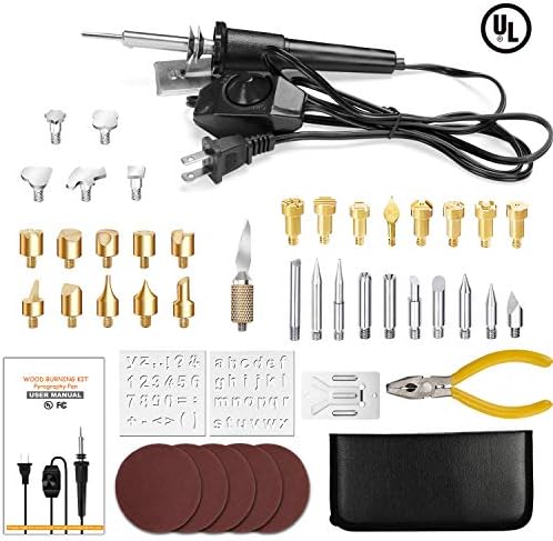 Wood Burning Kit, 45pcs Pyrography Pen Set with Adjustable Temperature Switch, Woodburning Tool Kit - Embossing/Carving/Soldering Tips + Stencils + Sandpapers + Plier + Carrying Case