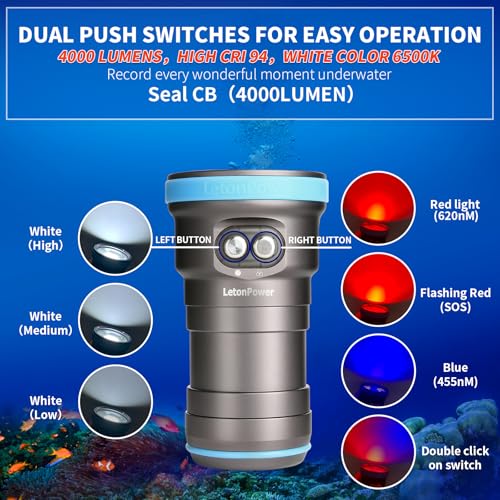 LetonPower Seal CB Underwater Video Torch 4000 Lumen – 120° CRI 94 6500K, Waterproof 100 m, USB-C Charging for Professional Video and Underwater Photos