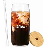 Greefun 24oz Drinking Glass with Bamboo Lid and Straw, 1 Pack Can Shaped Glass Tumbler for Beer, Iced Coffee, Matcha Cup with 1 Straw Brush