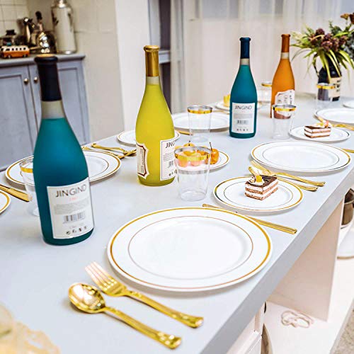 image for M MCIRCO 140 Piece Plastic Party Plates White Gold Rim, Premium Dispos