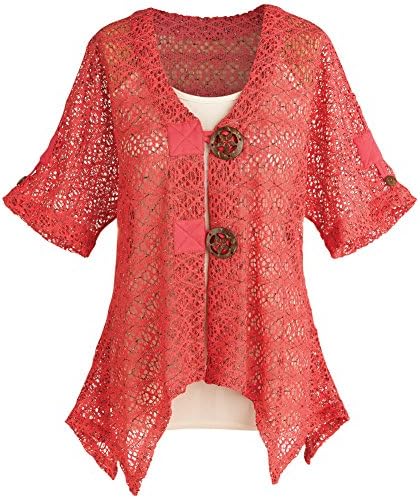 Women's Crochet Knit Short Sleeve Cardigan Sweater Jacket - Coral - Small