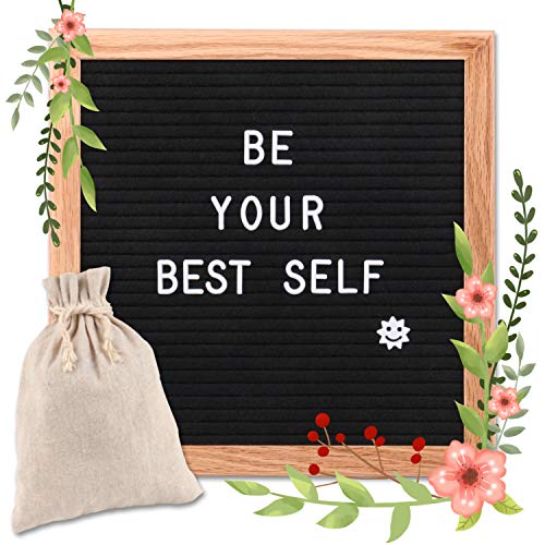 Felt Letter Board, 10 x 10 Oak Frame Changeable Letter Board, Letter Board with 340 Letters, Emojis, Icons and Symbols, Canvas Bag Wall Mount and Scissors