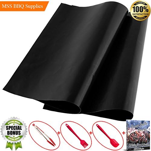 BBQ Grill Mat Set of 2 Heavy Duty Non Stick Reusable Grilling Mats Great for Charcoal Gas or Electric Grills Bonus Cooking Utensils Kitchen Tong Silicone Brush Spatula and 48 Grilling Recipes Ebook