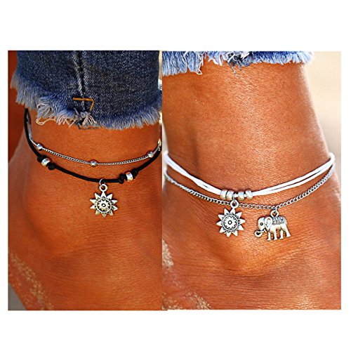 ATIMIGO 2PCS Boho Beach Layered Rope Anklet Bracelet Sunflower Elephant Charm Handmade Foot Jewelry for Women Teen Girls