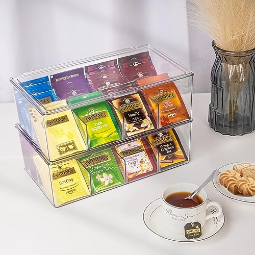 Caja para Té con 8 Compartimentos con Tapa Abatible, Organizador de Te para Infusiones, Bolsas de Té, Sobres de Café y Azúcar, Porta Te de Acrilico para Nevera, Armario, Despensa, Encimeras de Cocina