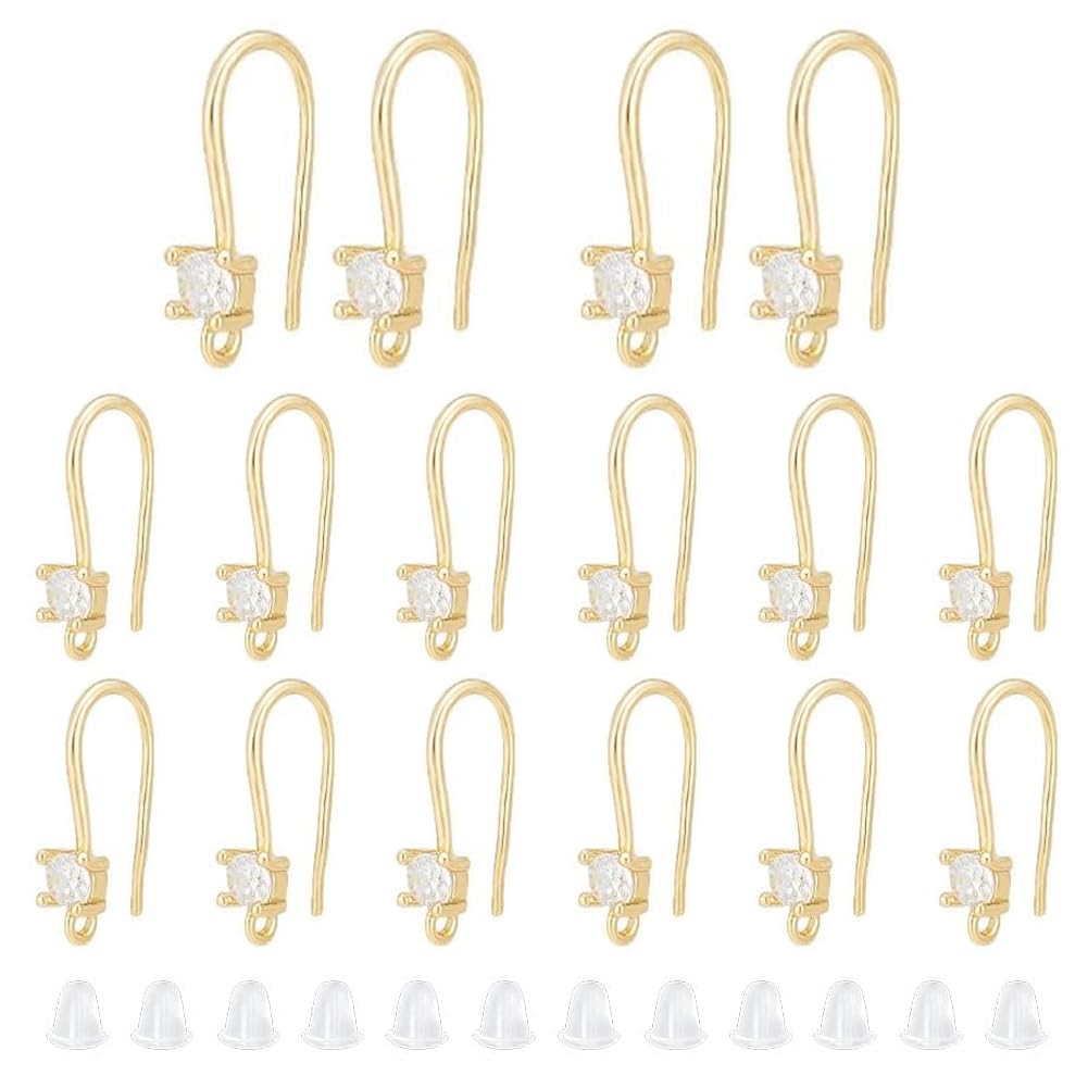 UNICRAFTALE 20Pcs Real 18K Gold Plated Brass Micro Pave Clear Cubic Zirconia Earring Hooks French Earring Hook with Loop And 40Pcs Plastic Ear Nuts 17mm Long Hole 1.2mm for DIY Jewelry Making Findings