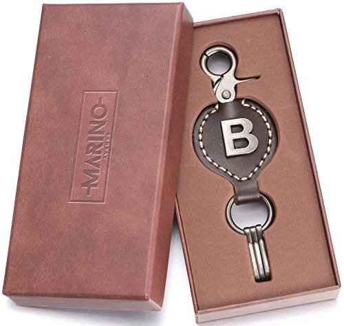Brown Leather Alphabet Keychain, Single Letter with Easy Clasp Key - by Marino Ave - B - onesize
