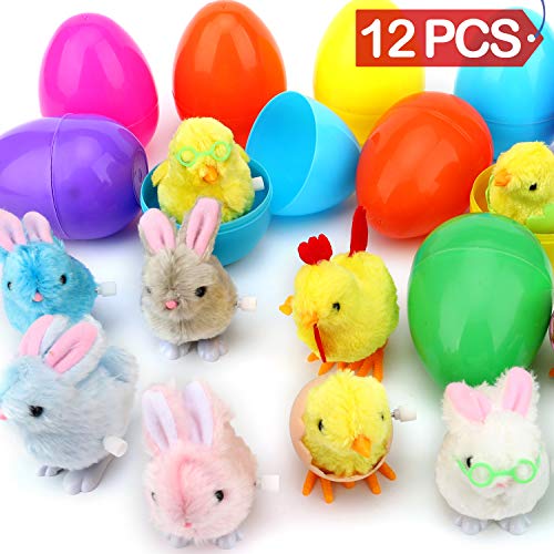 Sizonjoy 12 Filled Easter Eggs with Wind-Up Toys,Easter Theme Party Favor,Basket Stuffers Fillers, Easter Eggs Hunt(Chicks & Bunnies)