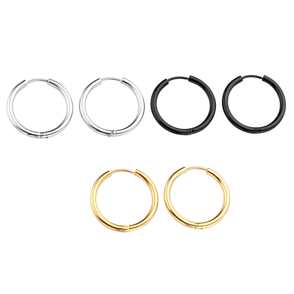 Zysta Bijoux 3 Paires Creoles Boucles D\'oreille Anneau Rond pour Homme Femme Unisexe Acier Inoxydable Argent Noir Or