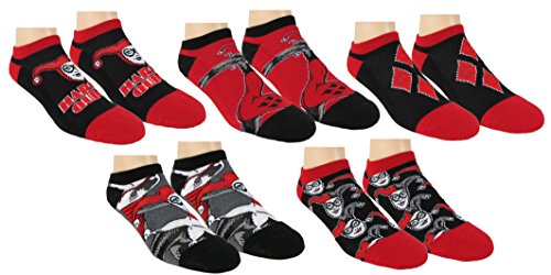 DC Comics Womens Harley Quinn Suicide Squad Ankle-No Show Socks 5 Pair Pack (Black/Red) Shoe Size 4-10