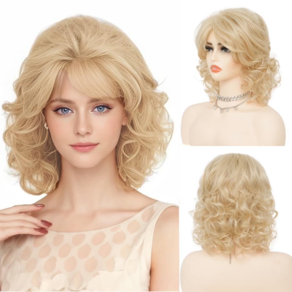 Salaibs Womens Blonde Short Curly Wig with Bangs Shoulder Lenght 70s 80s Retro Hair Wigs Natural Heat Resistant Fiber Wig for Cosplay Costume Disco Party Use — image 1