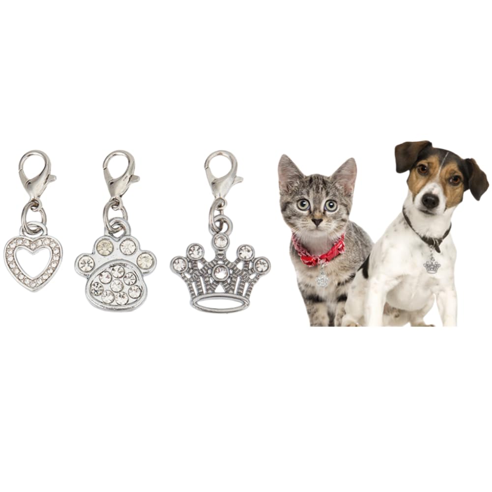 DELORIGIN 12pcs Cat Dog Charms Pendant 3 Styles Paw Heart Crown Pet Collar Pendants Alloy Rhinestone Key Chain Glitter with Carabiner Jewelry Clip-on Charms for Bag Necklace Bracelet Home Decor