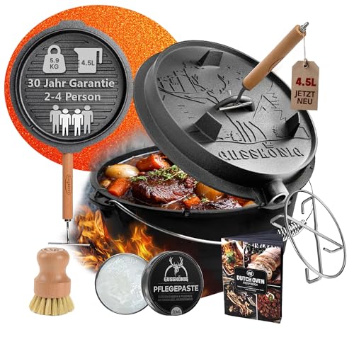 GUSSKÖNIG Dutch Oven Set-Eingebrannter Dutch Oven 4,5L [2-4 Person]-Feuertopf Gusseisen ohne Füßen-Schmortopf Doppelfunktion-2in1 Deckelheber,Unterset