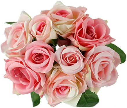 Homeditor Artificial Flowers,Fake Roses for wedding,Party and Home decor,Real Touch silk roses for Bridal Bouquet with 9 roses (Pink)