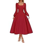 ZESICA Women's Long Sleeve Midi Dresses 2026 Fall Square Neck Swing A Line Wedding Guest Evening Prom Dress