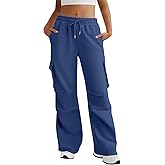 DLOODA Wide Leg Cargo Sweatpants Women Drawstring High Waisted Baggy Sweat Pants Stretchy Cotton Pants with Pockets