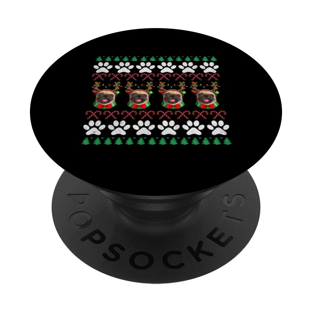 Cute Christmas Pug Puppy - Pug Xmas Paw Prints PopSockets Adhesive PopGrip