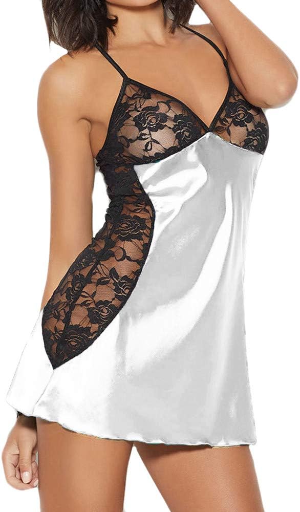 HOOUDOWomen Sexy Fashion Plus Size Babydoll Lace Silks Lingerie G-String Set Halter Dress Comfortable Erotic Nightwear Underwear Sleepwear Nightgown Nighty