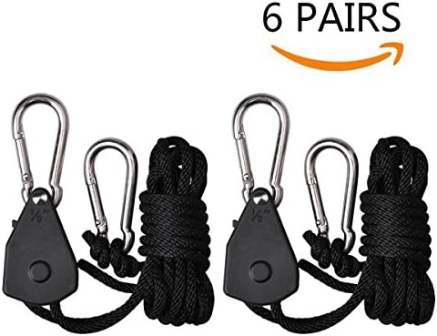 PrimeGarden 6 Pairs 12 Pcs Hydroponics 1/8'' Adjustable Rope Ratchet Hanger Heavy Duty 150lbs Capacity Rope Clip Hanger for Grow Light Kit Reflectors Fixtures Carbon Air Filter