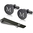 WIGERLON Initial Cufflinks and Tie Clip Set for Men,Stainless steel Letter Cuff Links and Tie Bar Set gift for Father Husband Son Boyfriend