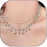 GIGB PBDK Boho Blue Butterfly Crystal Layered Choker Necklace, Sparkling Dainty Gemstone Fine Chain Necklace, CZ Adjustable Beach Holiday Jewelry Gift for Women