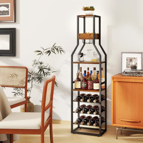 IBUYKE Wine Rack Floor,Bar Industrial Wine Bar,Brown TMJ916H | Wine Rack with Cup Holder Wine Rack for Living Room Kitchen Dining Room