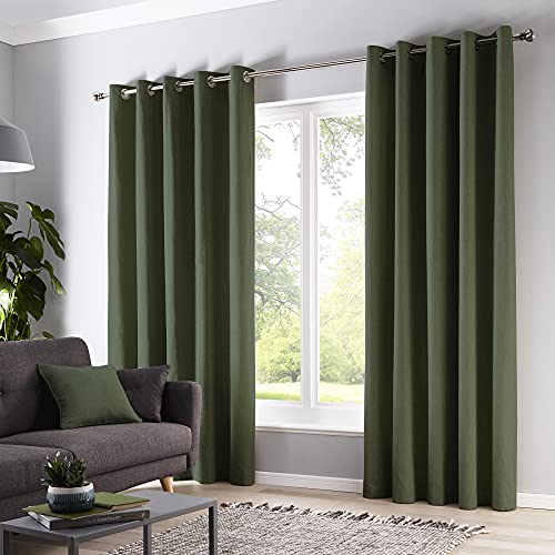 Fusion Sorbonne Olive Green Eyelet Curtains W90 x L90 (228x228cm) – 100% Cotton Thermal Drapes for Bedroom or Living Room – Door Curtain – Modern Green Window Curtains – 2 Panels