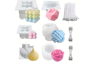 Silicone Candle Set, 108pcs Candle Set - Silicone Mold, 6 3D Candle Molds, 100 Candle Wicks, 2 Wick Clips
