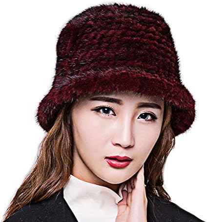 Zegeon Women's Mink Fur Bucket Hat Casual Winter/Autumn Knitted Hat
