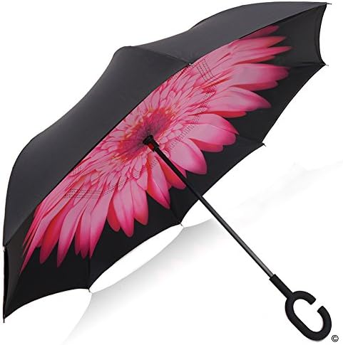 Yeipis Inverted Umbrella Double Layer Reverse Folding Windproof Protection Sun&amp;Rain Car Umbrella (Pink Daisy)