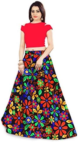Overseas Women's Satin Lehenga Choli With Velvet Blouse (Red,Free Size, Semi-Stitched)