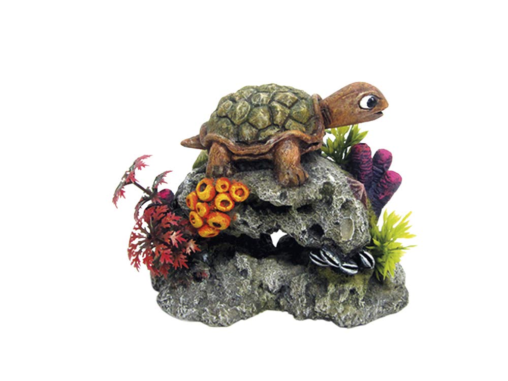 Nobby Aqua Ornaments 28631 Turtle on Rock with Plants 13.5 x 8.5 x 10.7 cm