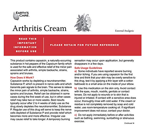 Earth's Care Arthritis Cream 2.4 OZ. / No Parabens,Colors or Fragrances / Not Tested on Animals