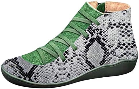 2019 New Arch Support Boots Women's Round Toe Shoe Ankle Boot Casual Snake Print Flat Leather Lace-Up Zipper Boots