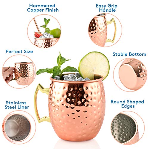 Yoassi Moscow Mule Becher, 4er Set Kupferbecher Mug Kupfer ink. 4 x Silkon Untersetzer, 4 x Strohhalme, 1 x Shotglas, 1 x Strohbürste Cocktailgläser Geschenk für Bar, Party, Hausparty – Bild 3